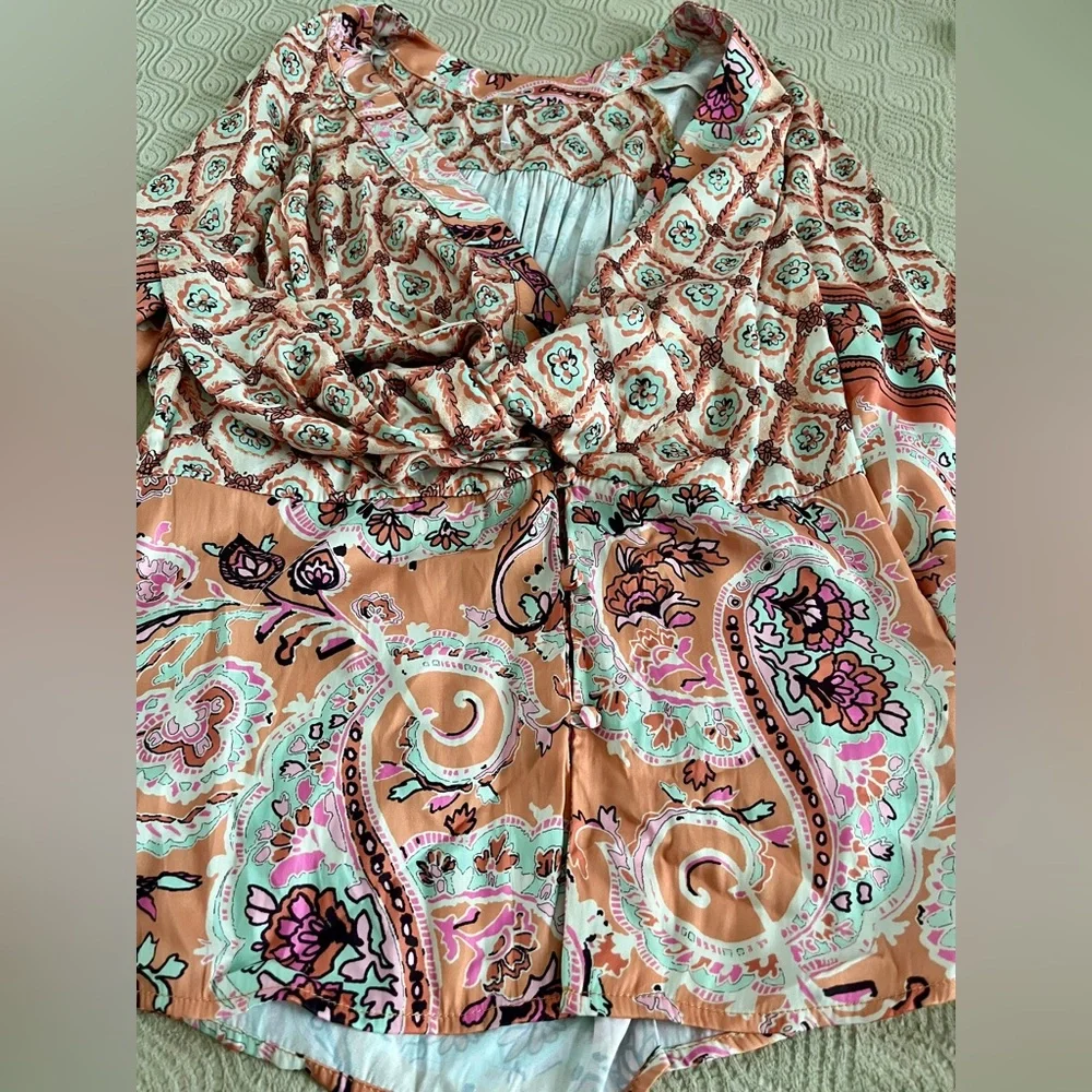 Free People Peach Paisley Tie-Front Blouse - Picture 8 of 11